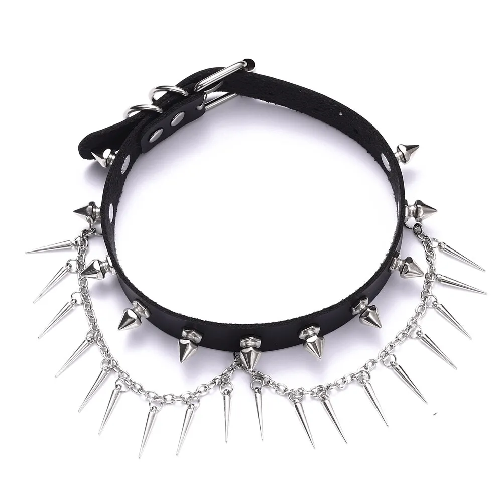 Punk Gothic Adjustable Spiked Choker / Black Leather Collar With Chain