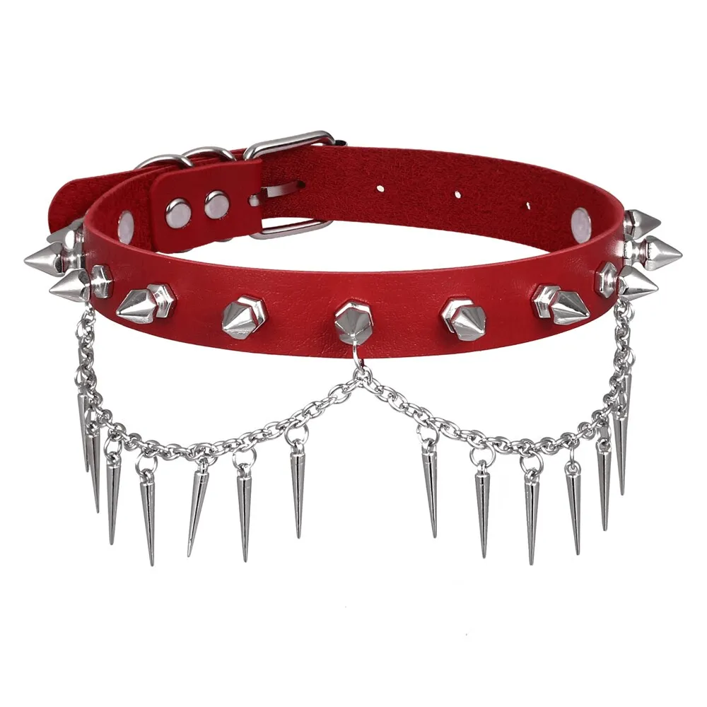 Punk Gothic Adjustable Spiked Choker / Black Leather Collar With Chain