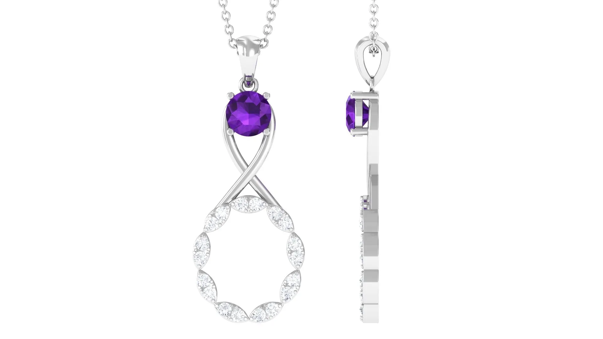 Real Amethyst Infinity Drop Pendant Necklace with Diamond