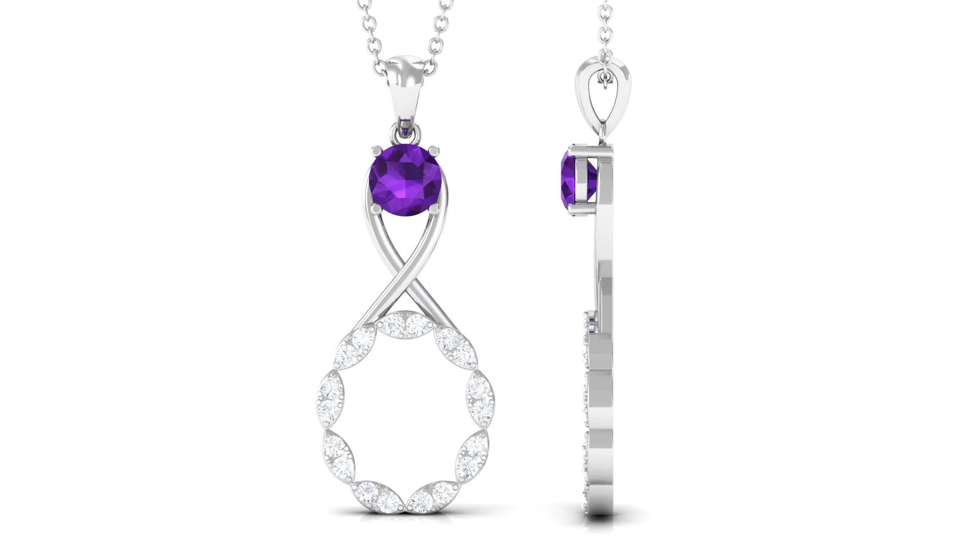 Real Amethyst Infinity Drop Pendant Necklace with Diamond