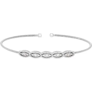 Rhodium Finish Sterling Silver Cable Cuff Bracelet with Five Simulated Diamond Marquise Shapes