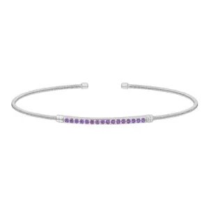 Rhodium Finish Sterling Silver Cable Cuff Bracelet with Simulated Amethyst Birth Gems - February