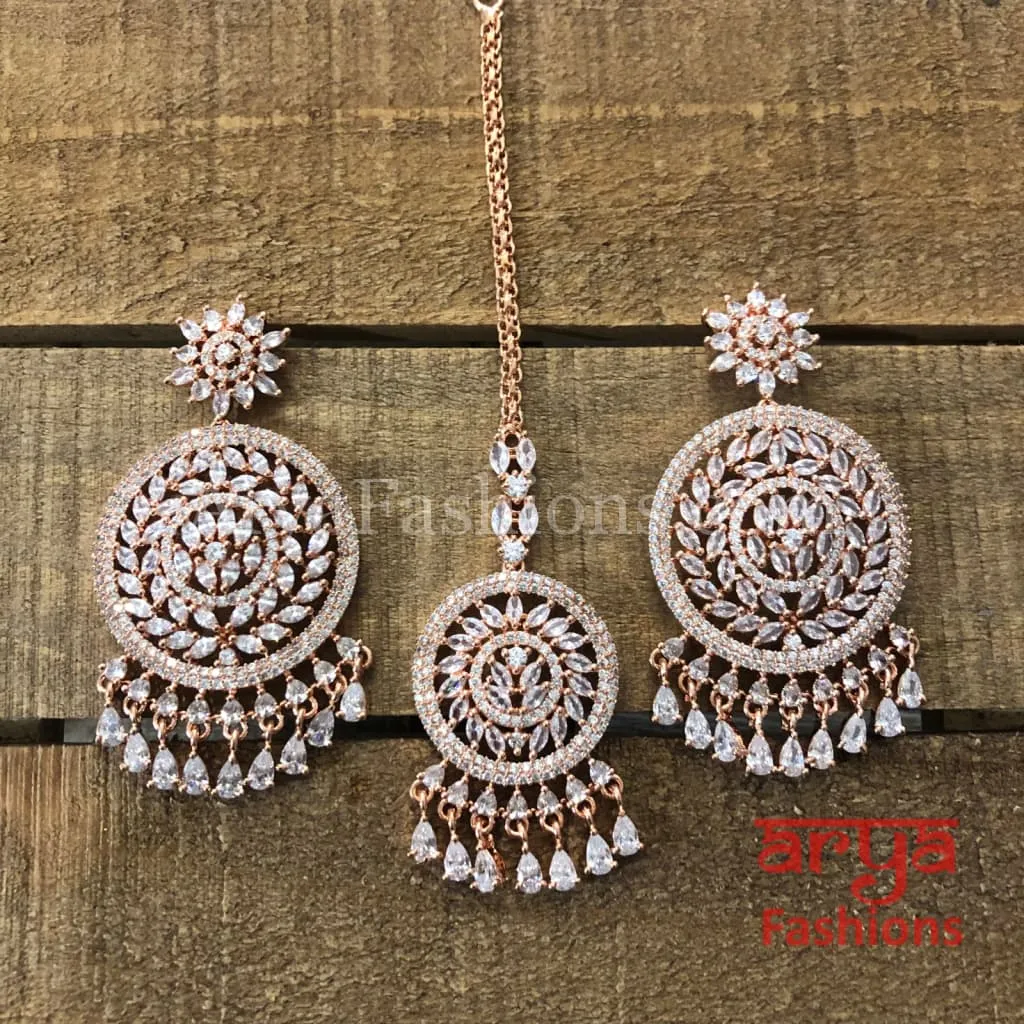 Rose Gold Cubic Zirconia Bridal Long Chandbali Earrings with Mang Tika