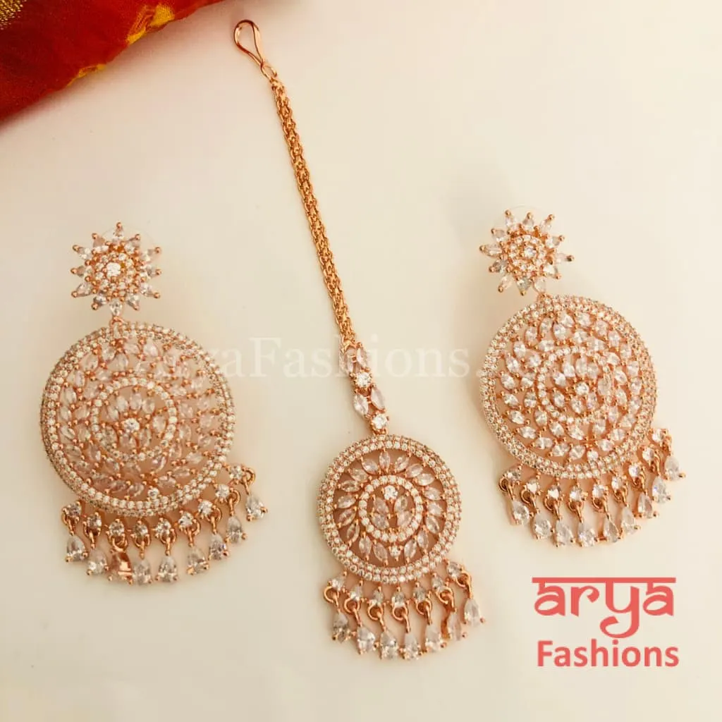 Rose Gold Cubic Zirconia Bridal Long Chandbali Earrings with Mang Tika