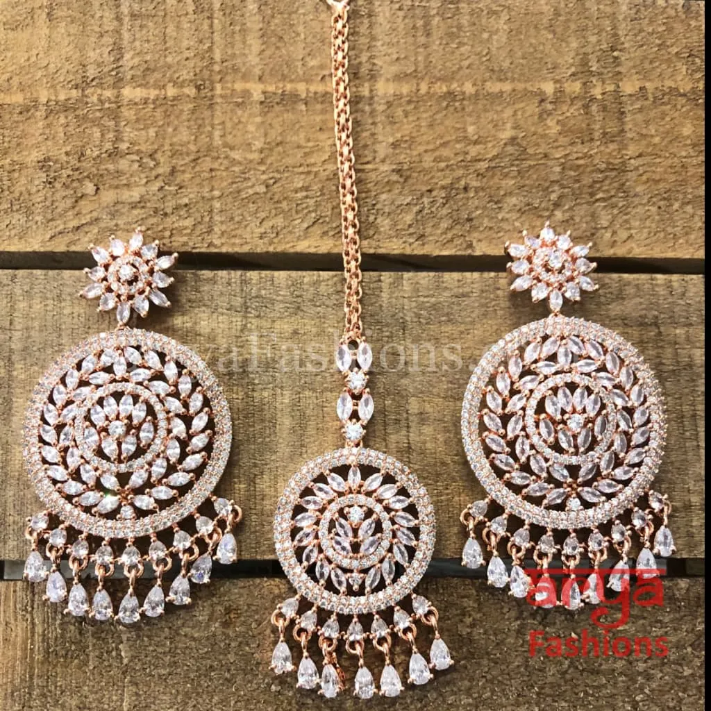 Rose Gold Cubic Zirconia Bridal Long Chandbali Earrings with Mang Tika