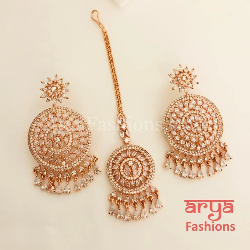 Rose Gold Cubic Zirconia Bridal Long Chandbali Earrings with Mang Tika