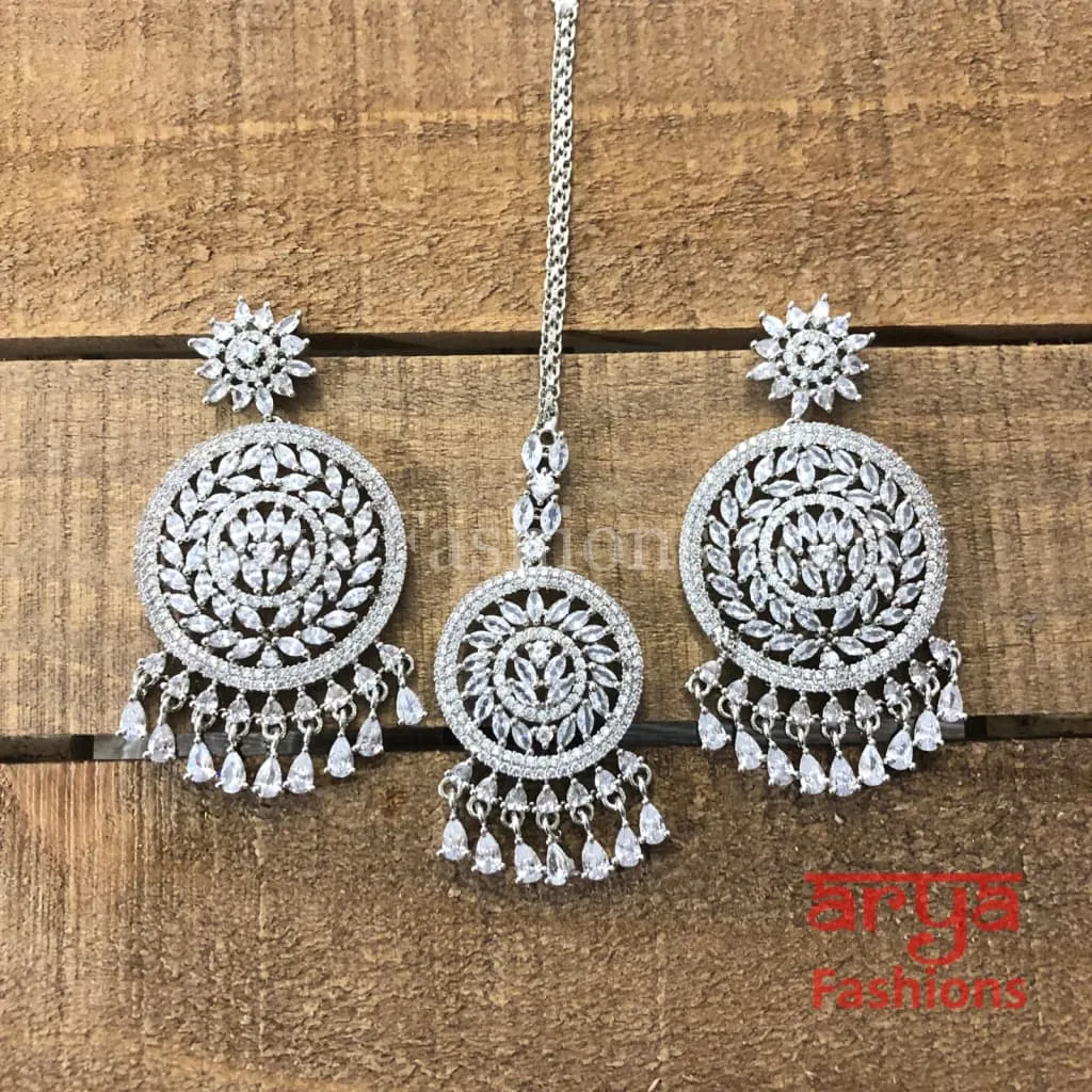 Rose Gold Cubic Zirconia Bridal Long Chandbali Earrings with Mang Tika