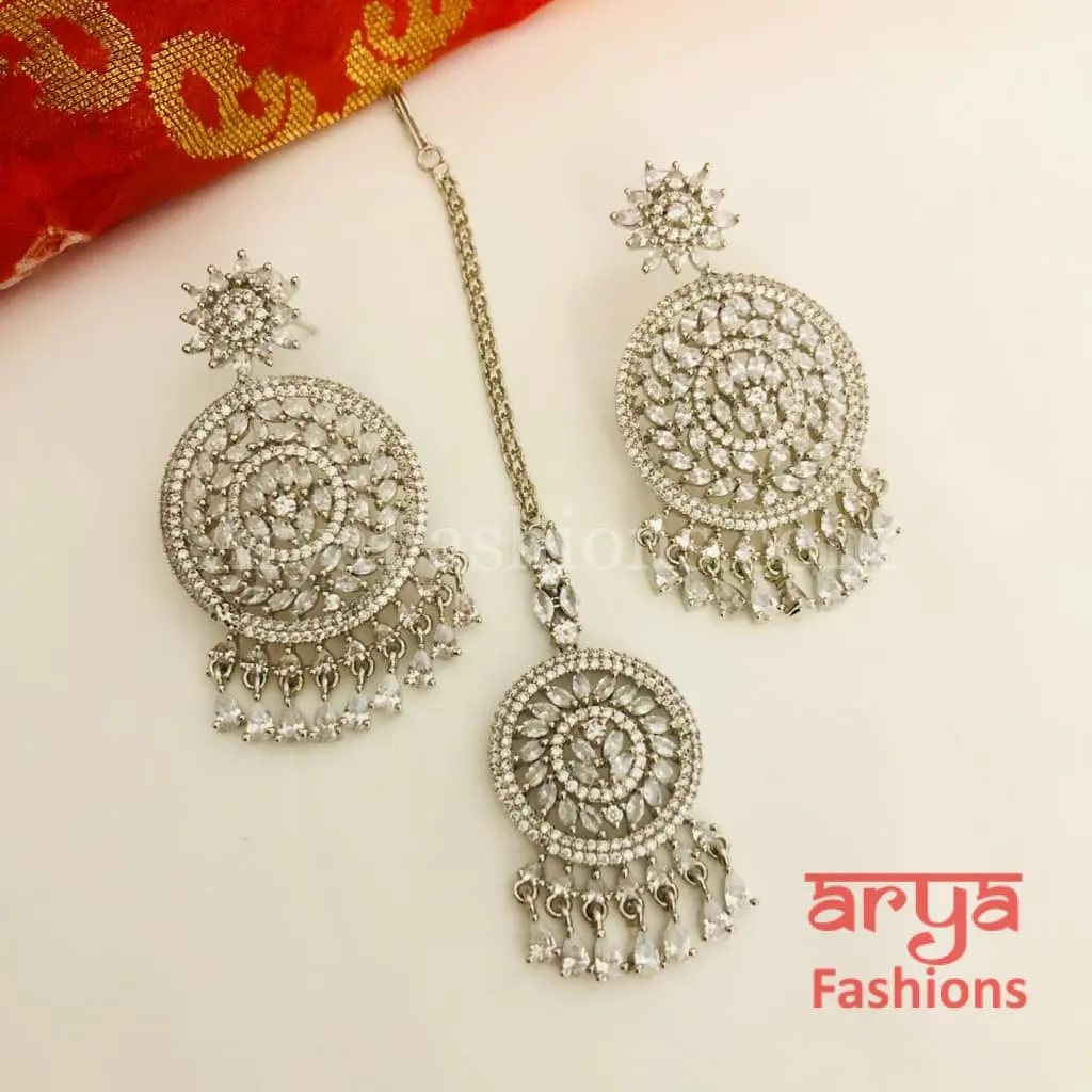 Rose Gold Cubic Zirconia Bridal Long Chandbali Earrings with Mang Tika