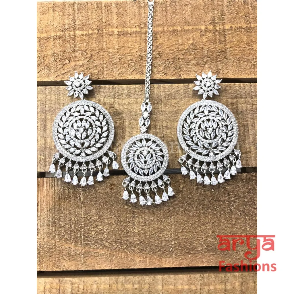 Rose Gold Cubic Zirconia Bridal Long Chandbali Earrings with Mang Tika