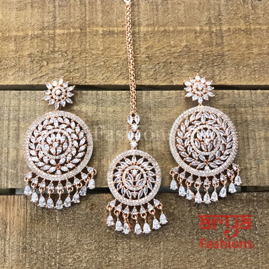 Rose Gold Cubic Zirconia Bridal Long Chandbali Earrings with Mang Tika