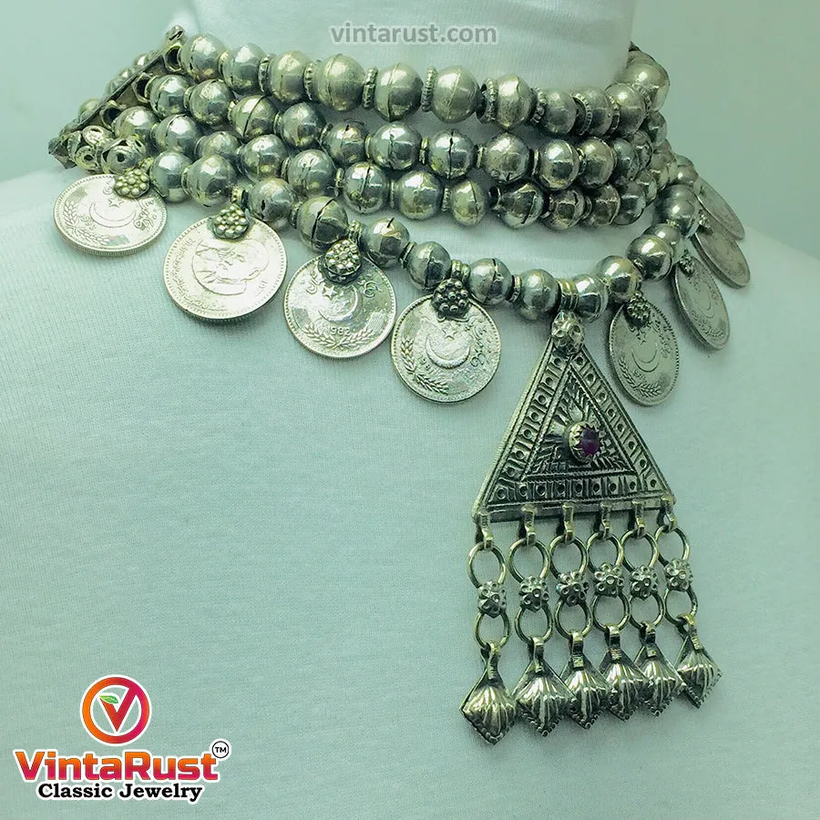 Silver Metal Beaded Layered Coins Choker Necklace