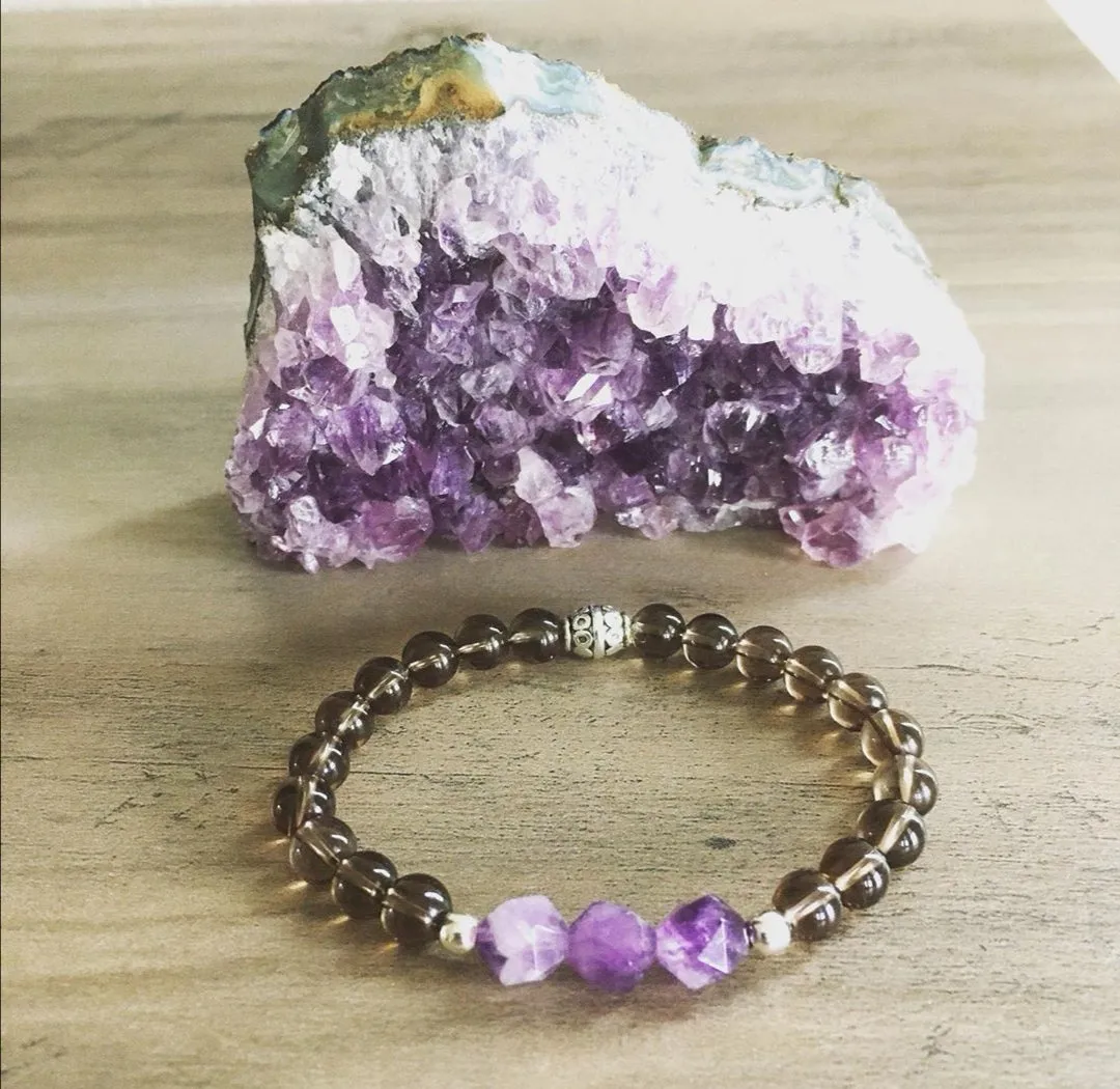 Smoky Quartz, Amethyst Single Mala Bracelet