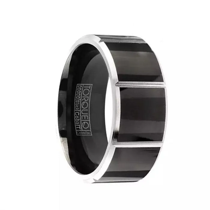 SONIC Torque Black Cobalt Wedding Band Polished Finish Vertical Line Grooved Accents Beveled Edges - 9 mm