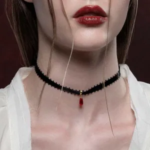 SORROW. Red Glass Droplet Ribbon Choker - Gold