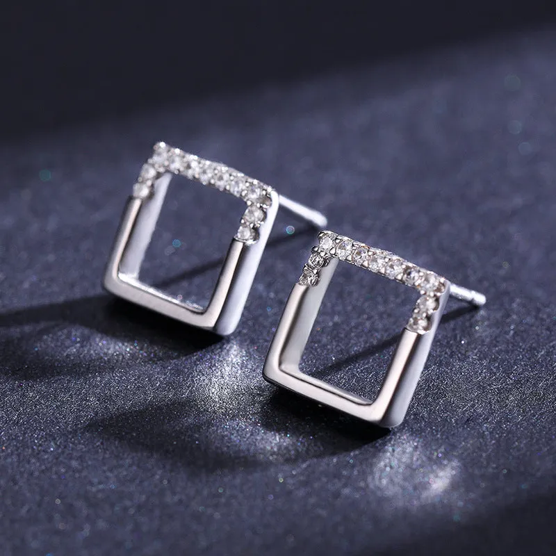 Square Niche Design Sterling Silver Ear Studs with Zircon Detail