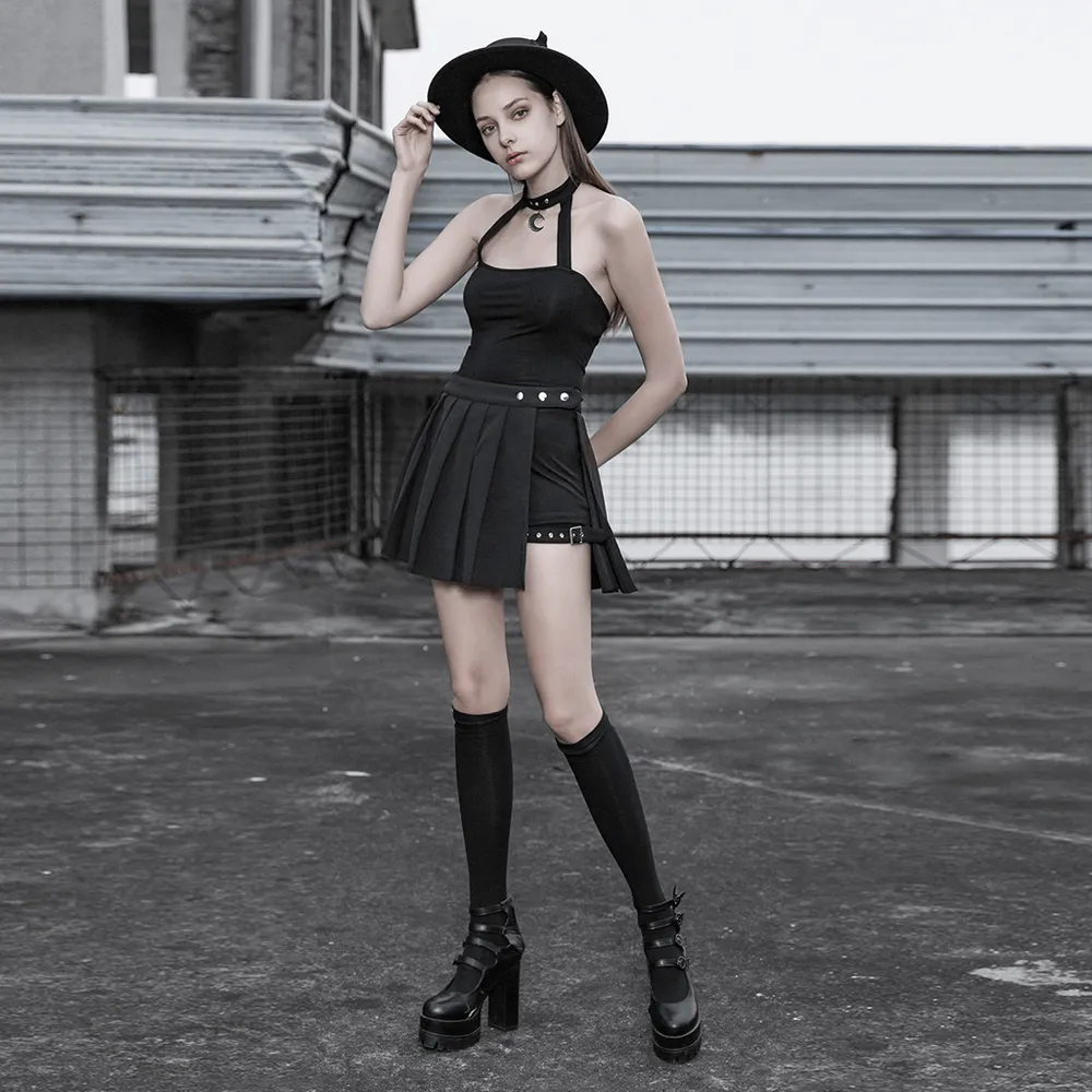 Stylish Gothic Black Moon Choker Crop Camisole Top