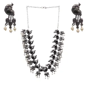 TEEJH Dwija Peacock Black Stone Choker Necklace set For Women