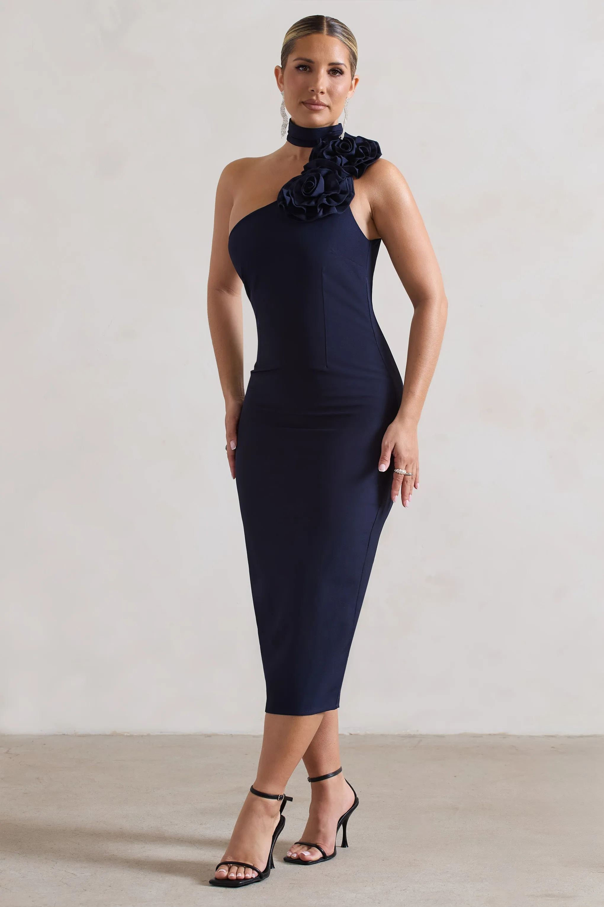 The Soiree | Navy Bodycon Midi Dress With Ruffled Choker