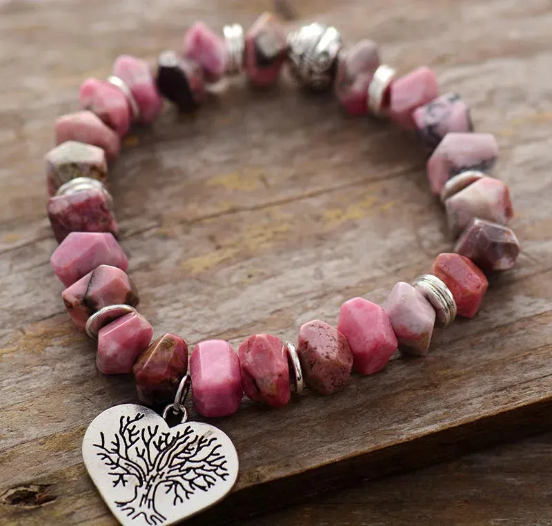 Tree of Life Rhodonite Stretch Bracelet - Handmade, Vegan & Cruelty-Free