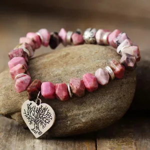 Tree of Life Rhodonite Stretch Bracelet - Handmade, Vegan & Cruelty-Free