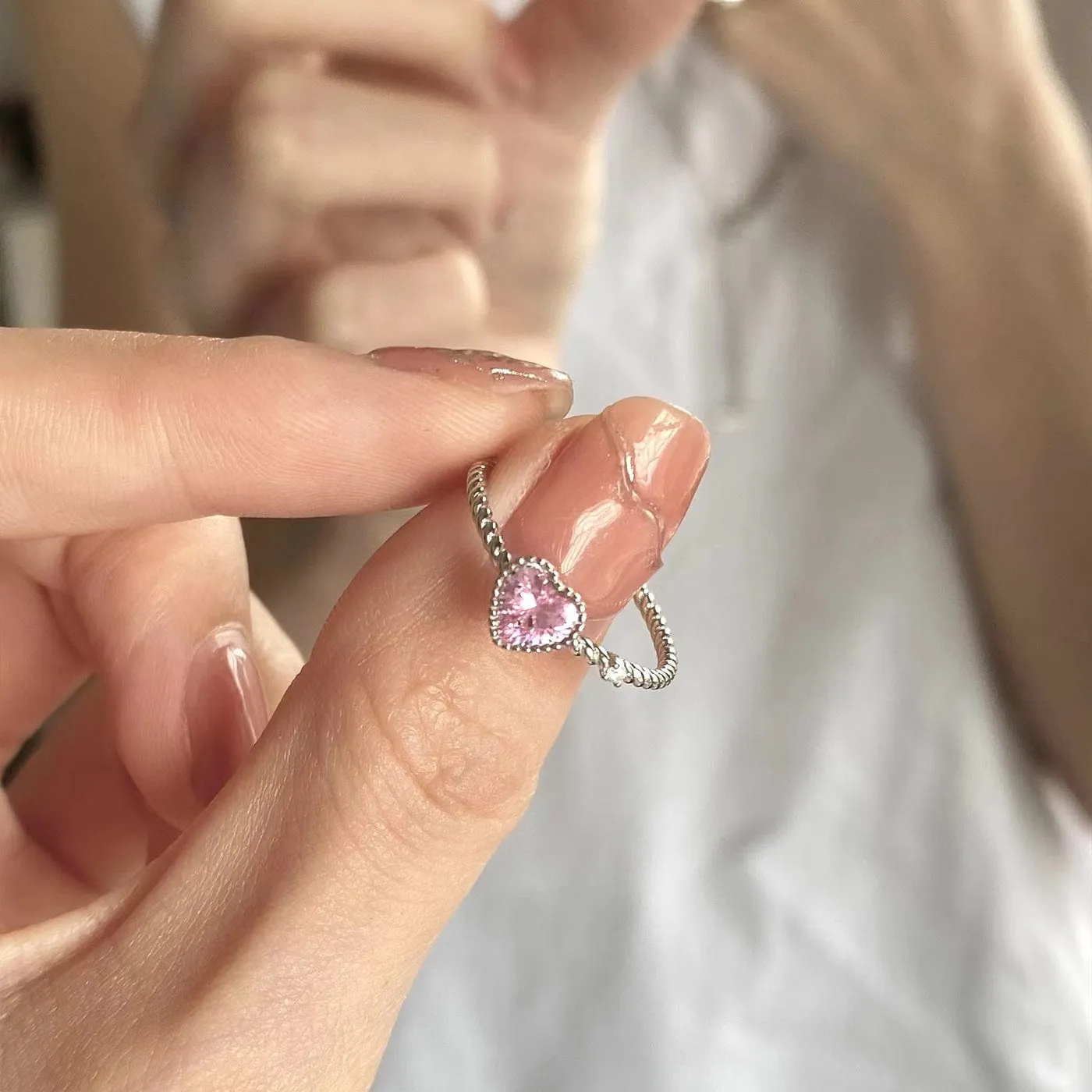 Trendy Adjustable Pink Crystal Heart Ring