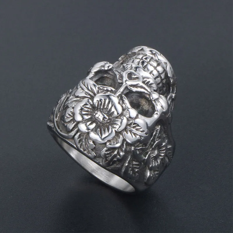 Trendy Floral and Grass Skull Ring for Men - European and American Wholesale Jewelry