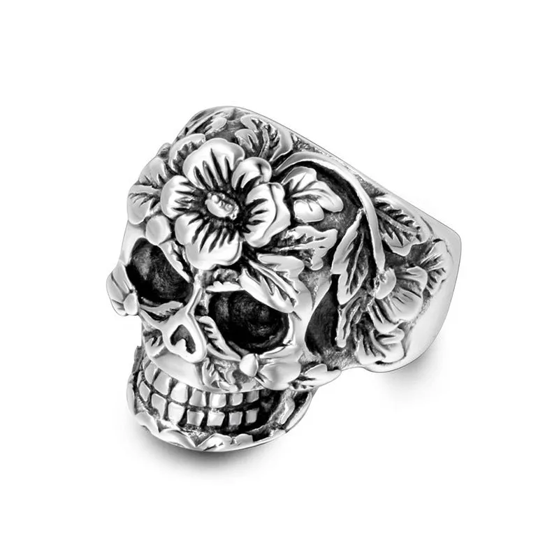 Trendy Floral and Grass Skull Ring for Men - European and American Wholesale Jewelry