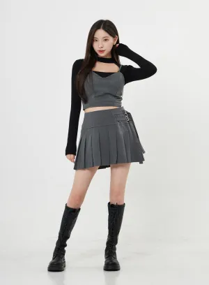 Two Side Belt Pleated Mini Skirt BO27