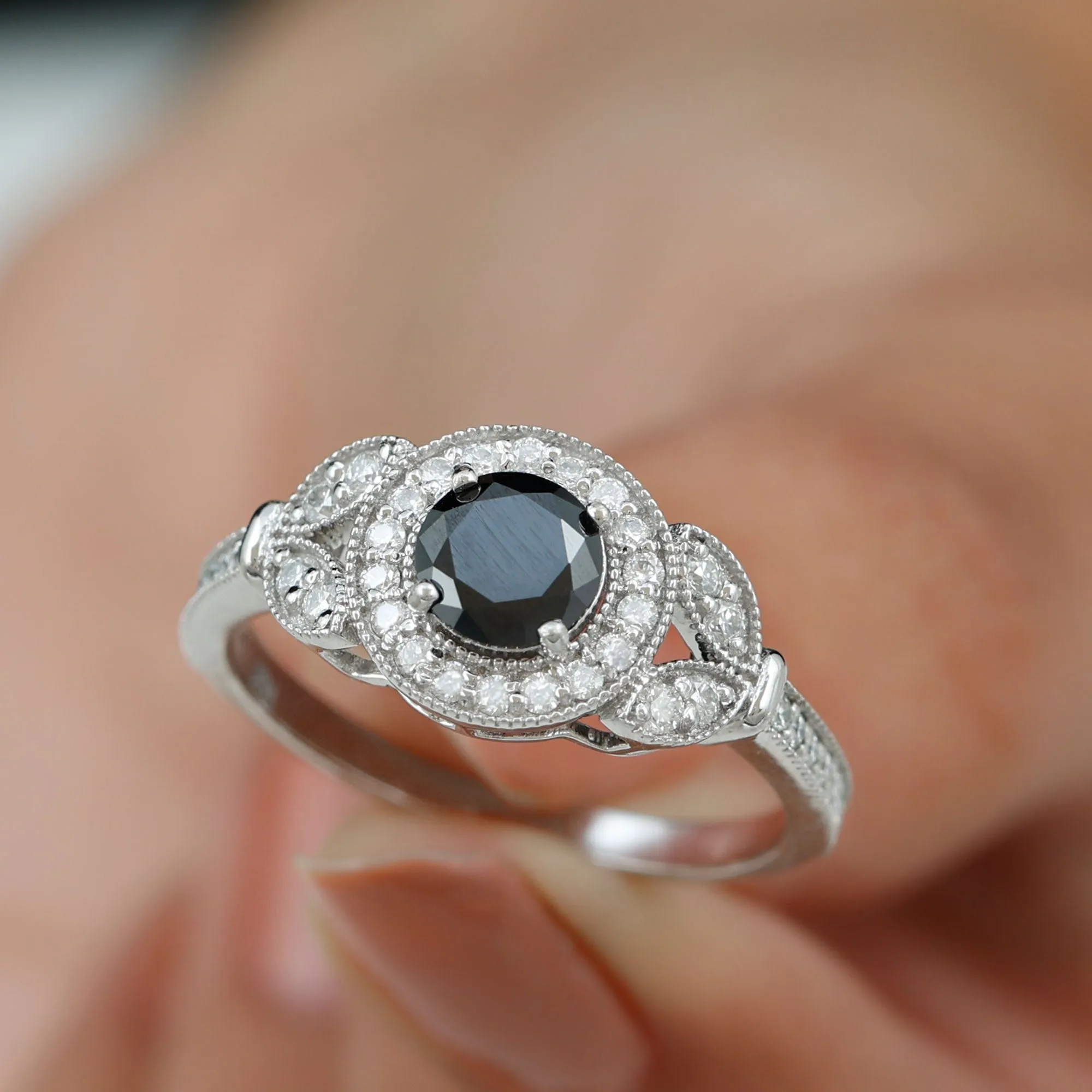 Vintage Inspired Black Onyx and Diamond Engagement Ring