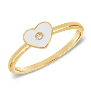 White Enamel & Brilliant Round Diamond Heart Shaped Ring in 14kt Yellow Gold