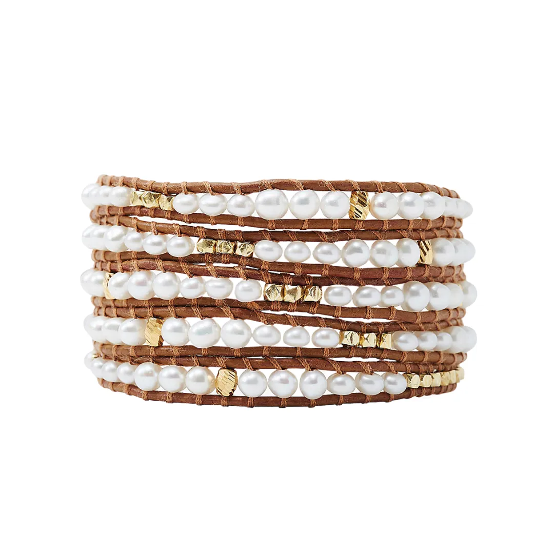 White Freshwater Pearl Leather Wrap Bracelet