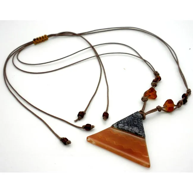 White Waves on Caramel Fused Glass Triangle Necklace Tili Glass