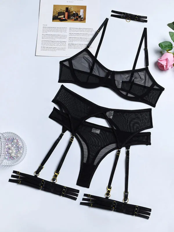 Women's Sheer Lace Four Piece Lingerie Set Including Bra Thong Garter Belt And Neck Choker