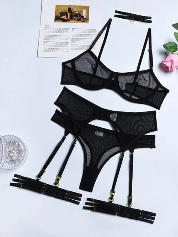 Women's Sheer Lace Four Piece Lingerie Set Including Bra Thong Garter Belt And Neck Choker