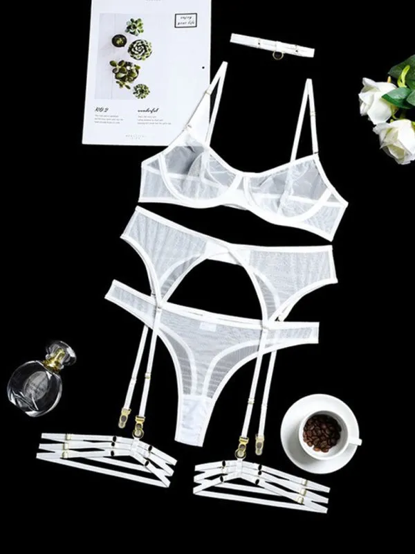 Women's Sheer Lace Four Piece Lingerie Set Including Bra Thong Garter Belt And Neck Choker