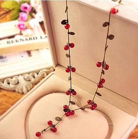 Yellow Chimes Exquisite Design Bohemain Beautiful Fresh Red Cherry Beads Sweater Long Chain Necklace for Women and Girl's