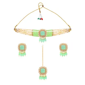 Yellow Chimes Jewellery Set for Women Traditional Green Beads Choker Necklace Set Ethnic Gold Plated Choker Set for Girls Birthday Gift for Girls & Women Anniversary Gift for Wife